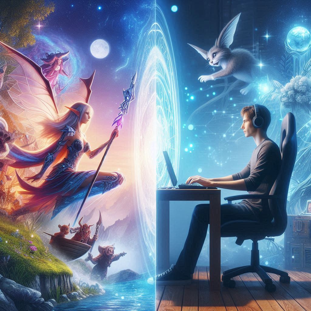 Immagine creata con intelligenza artificiale per mostrare una persona che dal computer accedere a mondi immaginari magnifici, che sarebbe l'ambientazione del gioco di ruolo play by chat